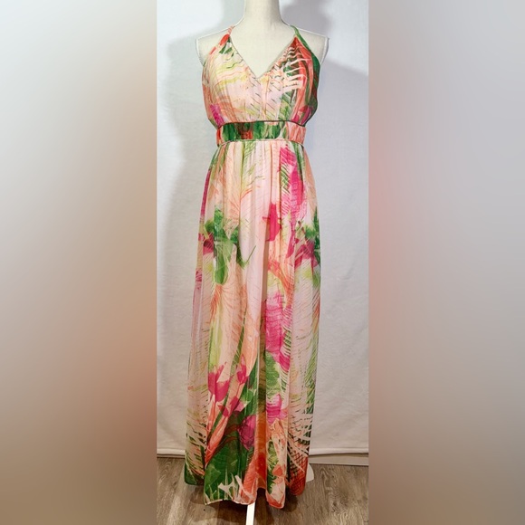 VENUS Tropical Maxi Dress Women’s Size 6 Empire Waist Pink and Green Floral - Picture 2 of 8